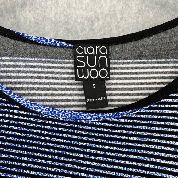 Clara Sun Woo Tunic Top Size S Blue Black Stripe Stretch Asymmetrical Hem Artsy - Picture 5 of 11